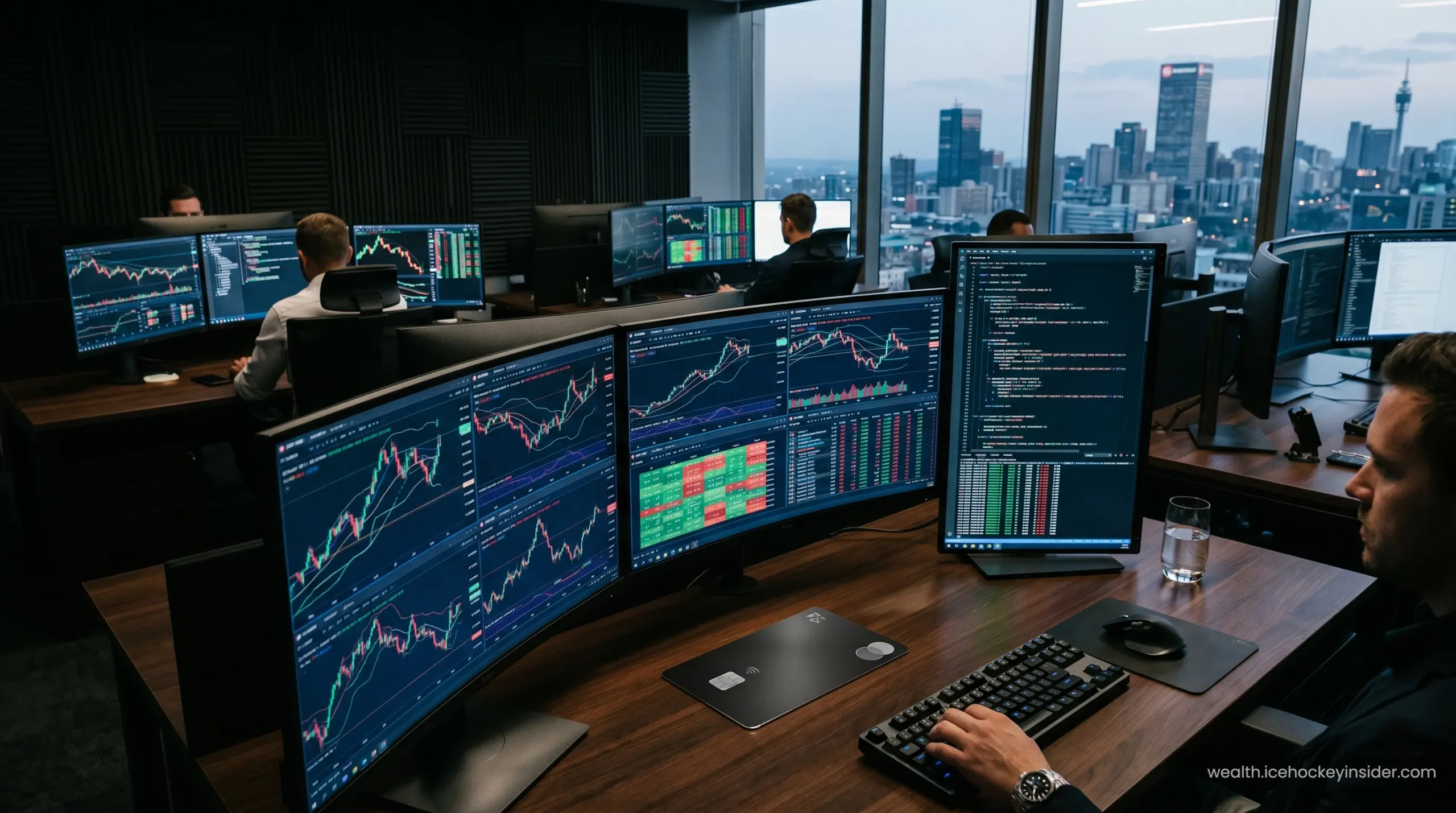 Multiple ultra-wide monitors displaying complex Forex trading algorithms and automated bots.