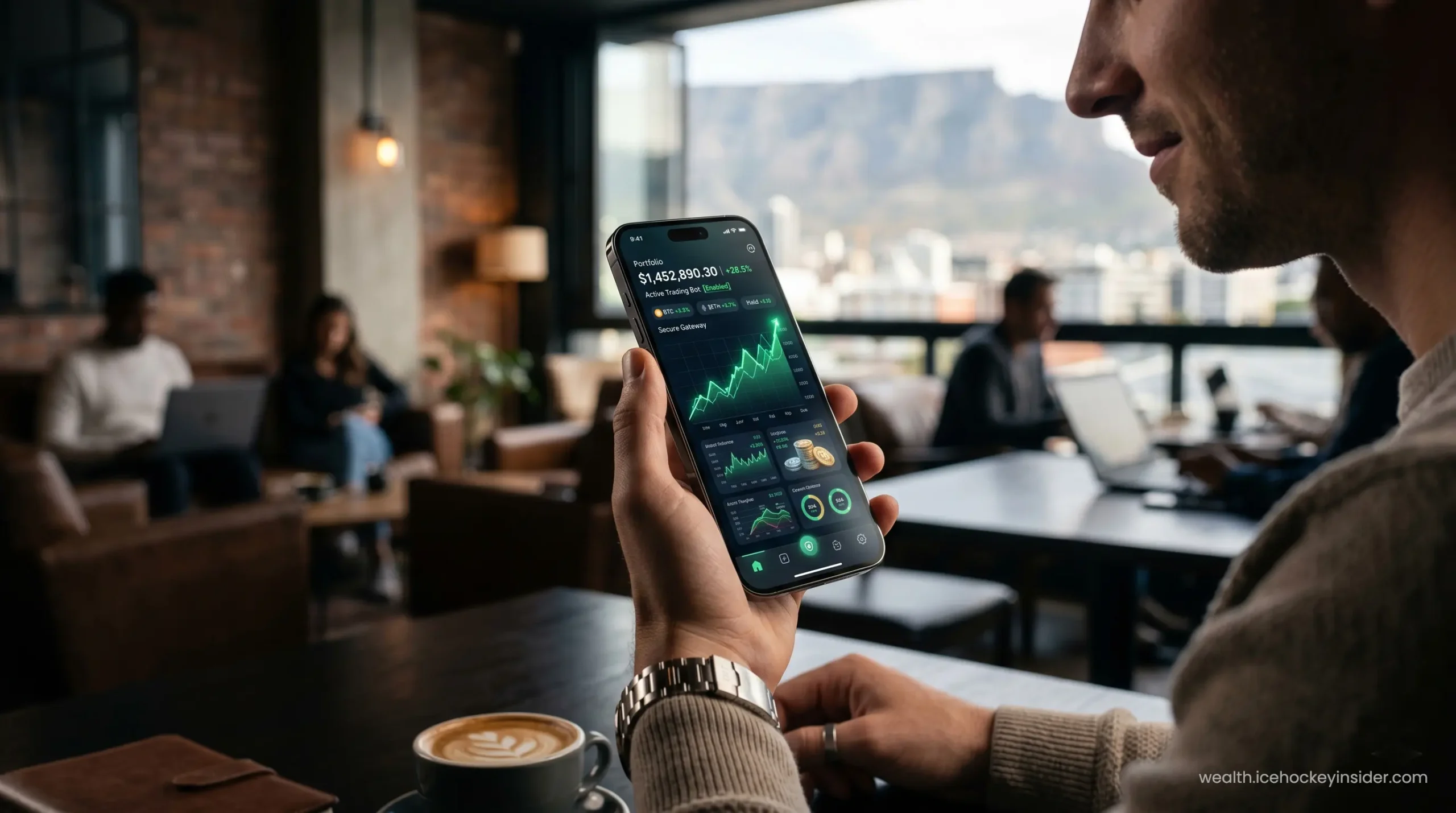 A high-end smartphone displaying automated trading bots and digital wealth growth.