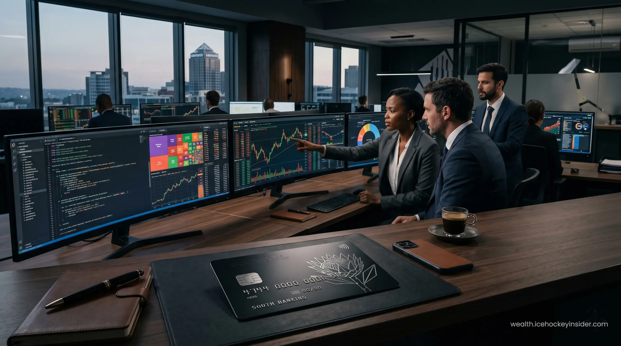 Multiple ultra-wide monitors displaying live cryptocurrency charts and digital wealth analytics.