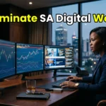 A South African trader analyzing live Forex charts on a multi-monitor setup showcasing digital wealth management.