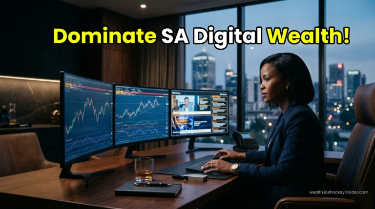 A South African trader analyzing live Forex charts on a multi-monitor setup showcasing digital wealth management.