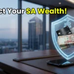 A South African investor utilizing a glowing FinTech shield to protect their digital wealth portfolio.