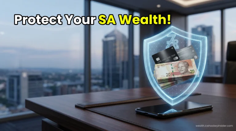 A South African investor utilizing a glowing FinTech shield to protect their digital wealth portfolio.
