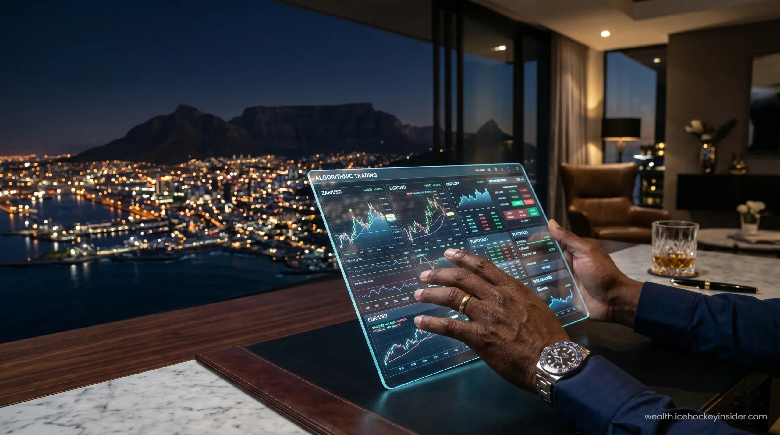 A wealthy South African investor reviewing high-tier financial analytics.