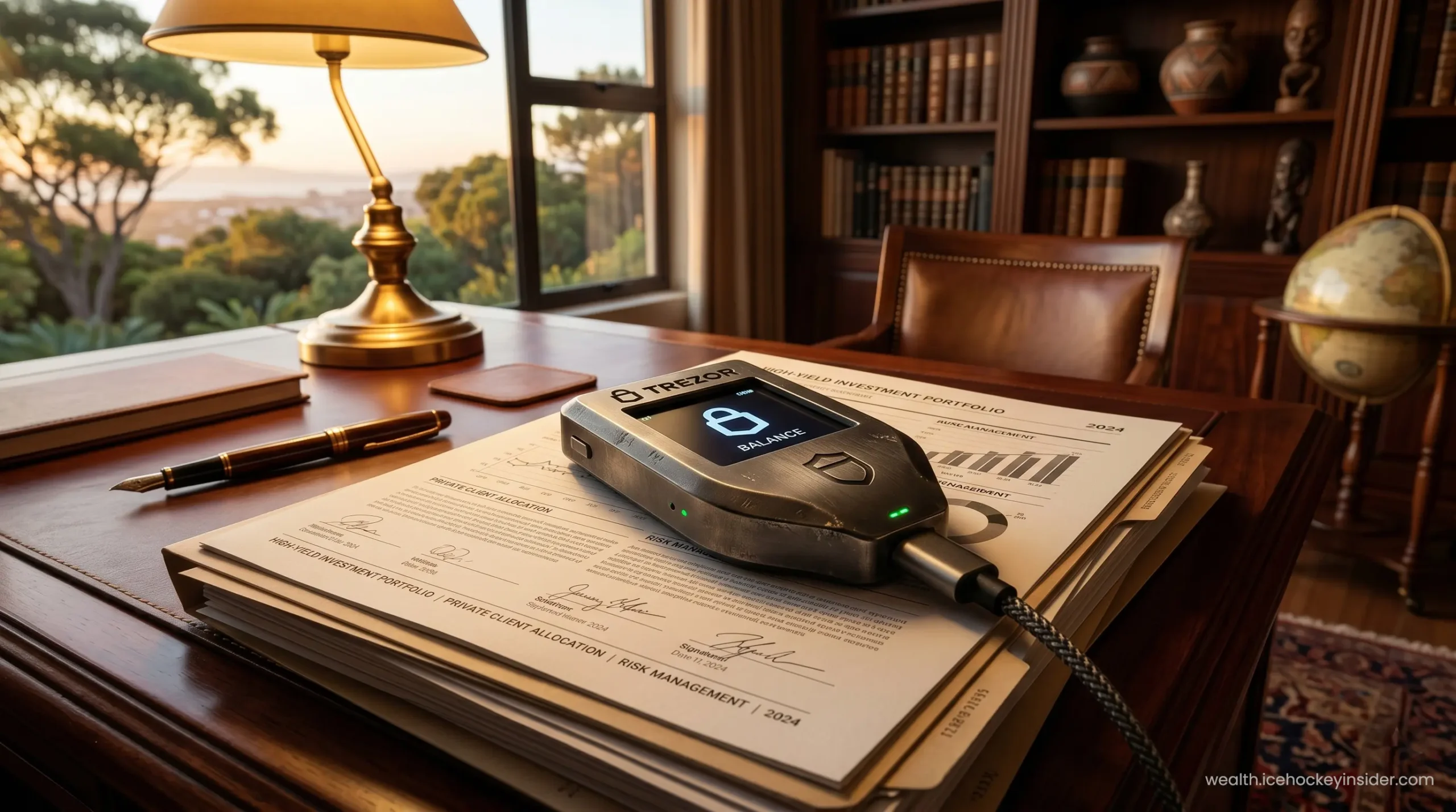 A premium metallic cold storage crypto wallet resting on high-yield investment documents.
