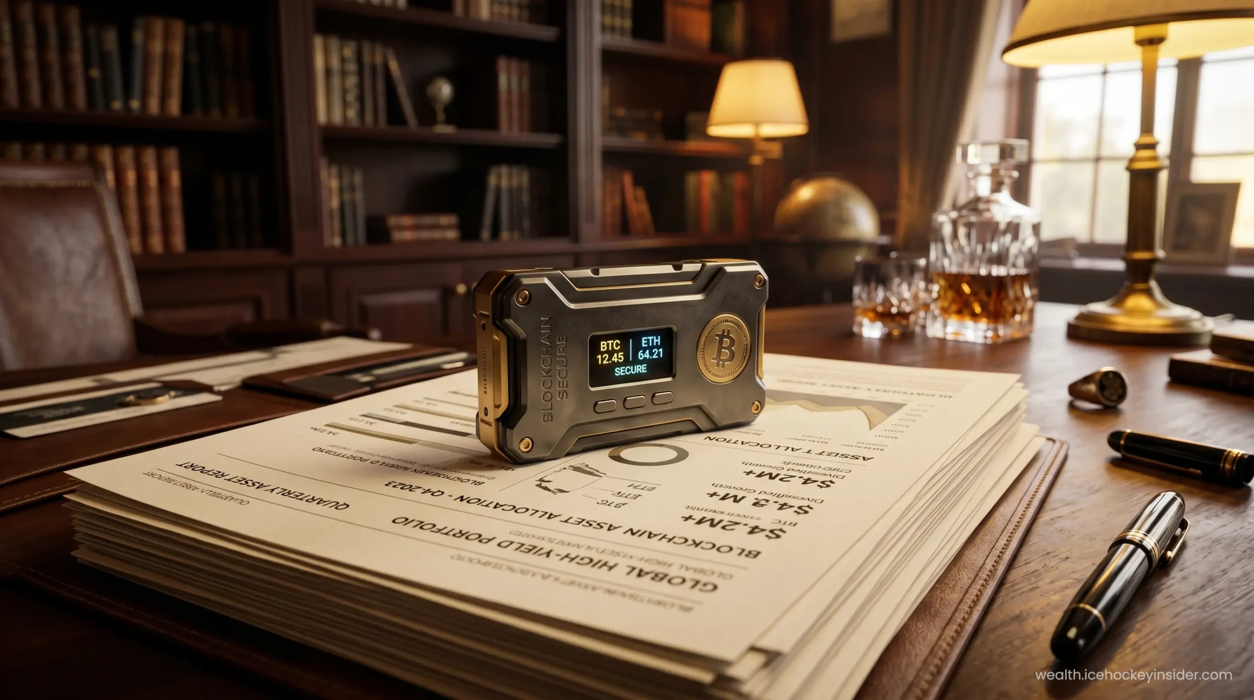 A secure metallic crypto wallet resting on high-yield investment portfolio documents.